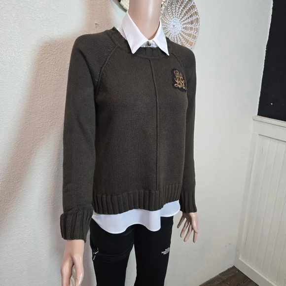 LAUREN RALPH LAUREN Womens Sweater Layered Bullion Patch Logo Brown Small - Picture 12 of 16